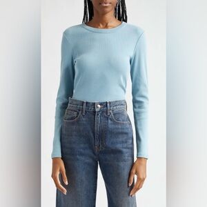 Veronica Beard Pruitt Long Sleeve Cotton Tee in Sea Glass Light Blue Size XS